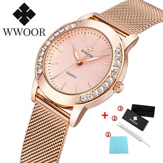 สินค้า WWOOR ผู้หญิงนาฬิกาแฟชั่น Rose Gold นาฬิกากันน้ำนาฬิกาสุภาพสตรีนาฬิกาควอตซ์ 8877