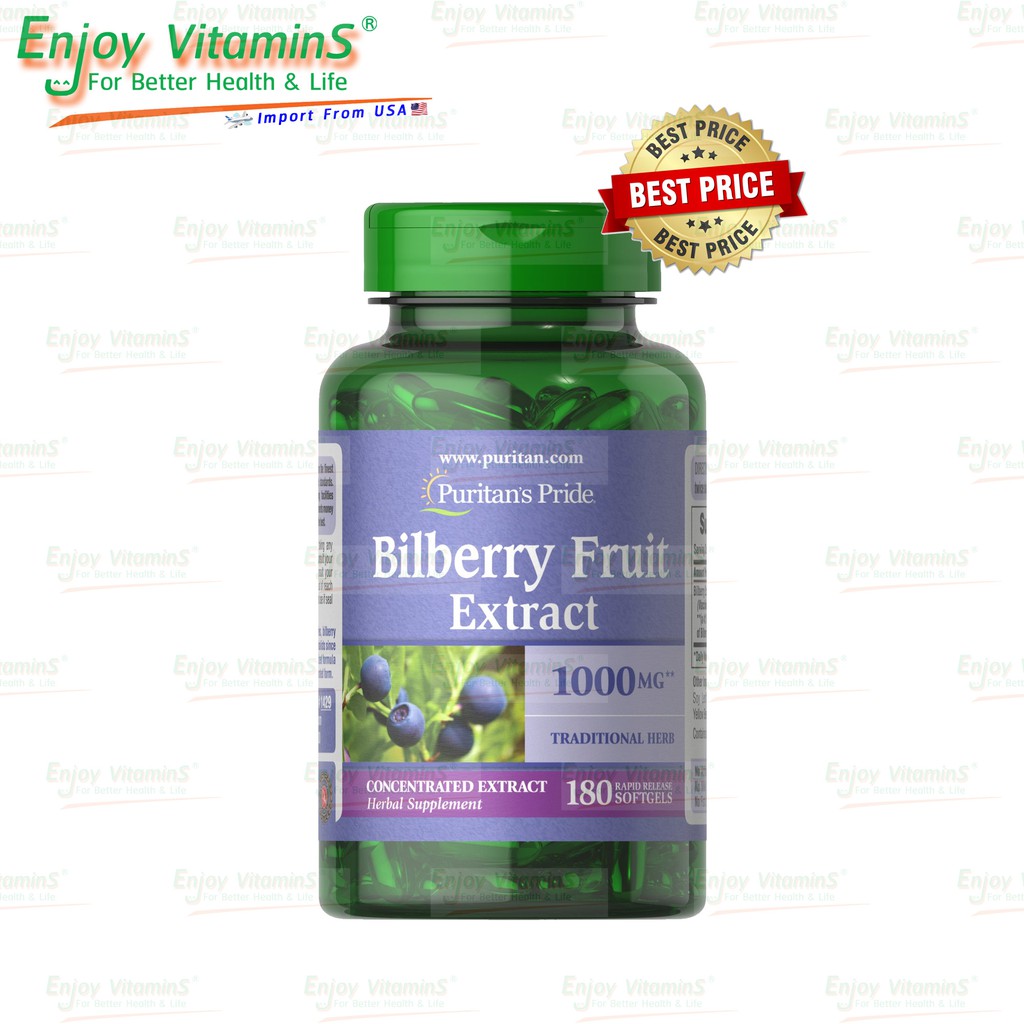Puritan's Pride Bilberry Extract 1,000 mg 180 Softgels (Exp.09/2023