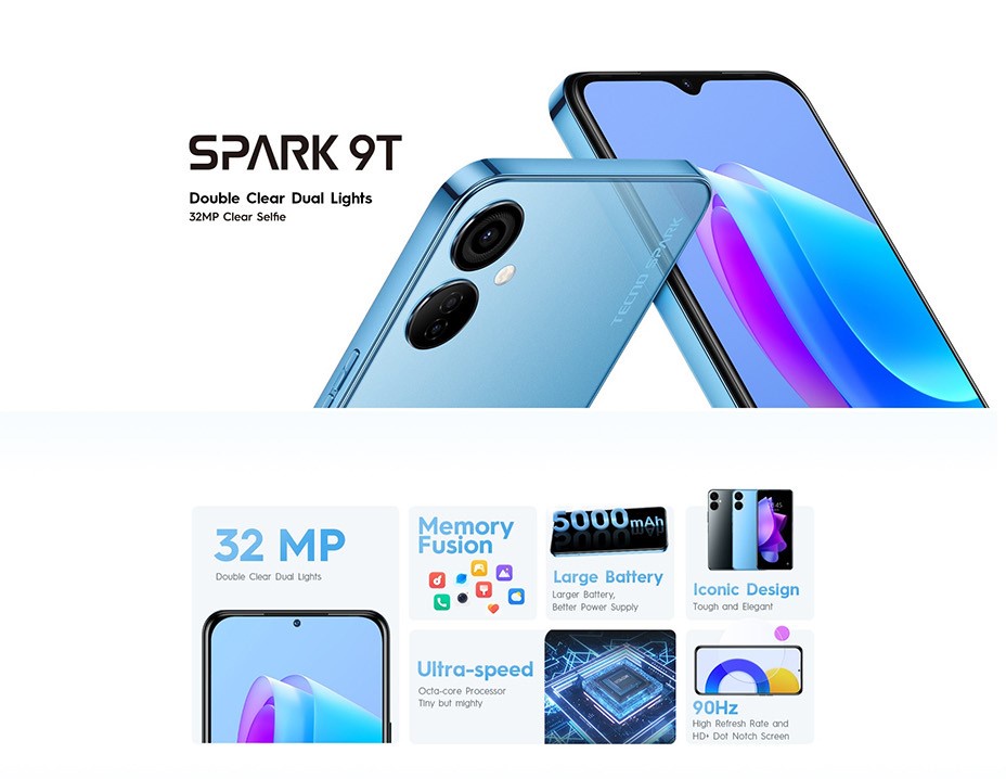 รายละเอียดเพิ่มเติมเกี่ยวกับ TECNO mobile Spark 9T 4+64GB  สมาร์ทโฟนกล้องหน้าสุดอลัง คมชัดถึง 32MP  แถมฟรีหูฟังและที่ตั้งโทรศัพท์