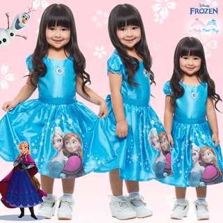 ชุดเดรส ชุดราตรี Frozen ลายเจ้าหญิงเอลซ่า เจ้าหญิงอันนา กระโปรงบานสีฟ้า แขนตุ๊กตา ดิสนีย์แท้ ลิขสิทธิ์แท้