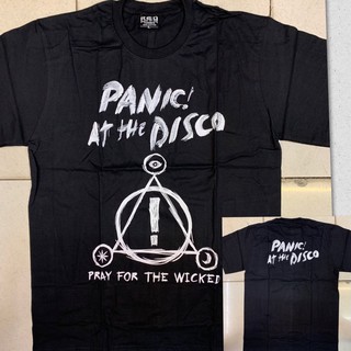 เสื้อยืดโอเวอร์ไซส์เสื้อยืดแขนสั้น rock band panic at the disco สีดําS-3XL