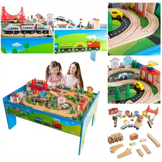 ชุดรถไฟไม้พร้อมโต๊ะ Hey! Play! Wooden Train Set &amp; Table for Kids - Complete Set ครบชุด 75 ชิ้น