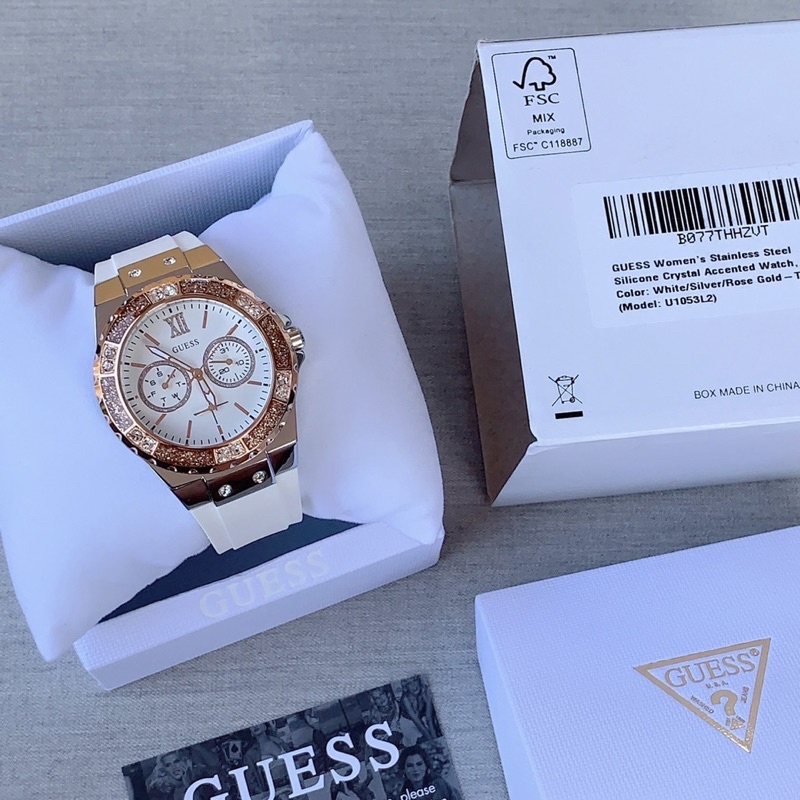 สด-ผ่อน-นาฬิกา-สายยางขาว-38-มิล-u1053l2-guess-womens-stainless-steel-stain-resistant-silicone-watch