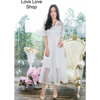 งานบุญ งานบวช!!! M-L Maxi Dress เดรสขาวคอวีผ้าปักลายแต่งระบายลูกไม้ งานป้าย Love love