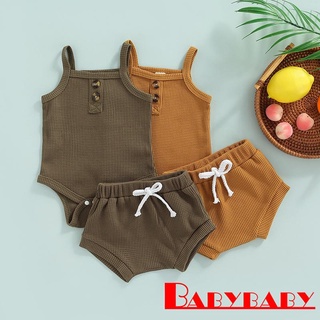 ♣NL✲Baby Summer Solid Color Sleeveless Button Jumpsuit +Shorts Set