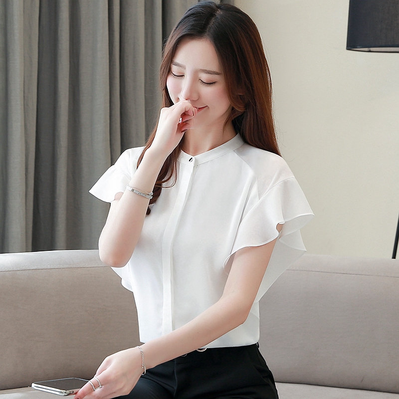 แฟชั่นสตรีเสื้อชีฟองแขนกุดคอกลมสีขาวสีขาวสไตล์เกาหลี