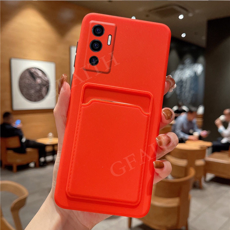 เคสโทรศัพท์-vivo-v23e-new-casing-skin-feel-tpu-softcase-with-wallet-card-bag-back-red-orange-simple-color-tpu-silicone-back-cover-เคส-vivov23e-phone-cell-case