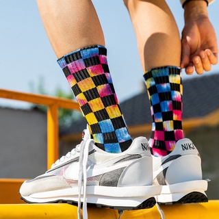 ถุงเท้ากีฬา ผ้าฝ้าย ระบายอากาศได้ดี ดูดซับเหงื่อ ลายสก๊อต สีมัดย้อม แฟชั่นสําหรับผู้ชาย และผู้หญิง