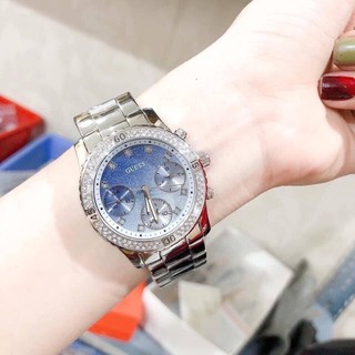 (ผ่อน0%) นาฬิการุ่นปู ไปรยา Guess Confetti Crystal Glitter Dial Ladies Watch W0774L6 U0774L6 สีเงิน หน้าปัดน้ำเงิน 38 มม