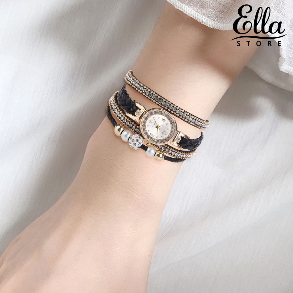 ellastore123-นาฬิกาข้อมือควอตซ์แฟชั่น-สายถัก-ประดับพลอยเทียม-หลายชั้น-สําหรับทุกวัน