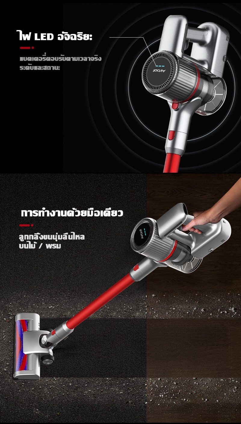 ข้อมูลเพิ่มเติมของ Airbot เครื่องดูดฝุ่นไร้สาย Supersonics3.0/Aura อัพเกรด Stick Vacuum Cyclone Boost เครื่องดูดฝุ่นมือถือ (สีแดง)