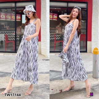 TW17144 Jumpsuit จั้มสูททรงเอี๊ยม ขายาว ทรงขากว้าง เนื้อผ้าคอตตอน ผสมชิล พิมลายม้าลาย มียางยืดสม็อคหลัง + หมวกทรงบัคเก็ต