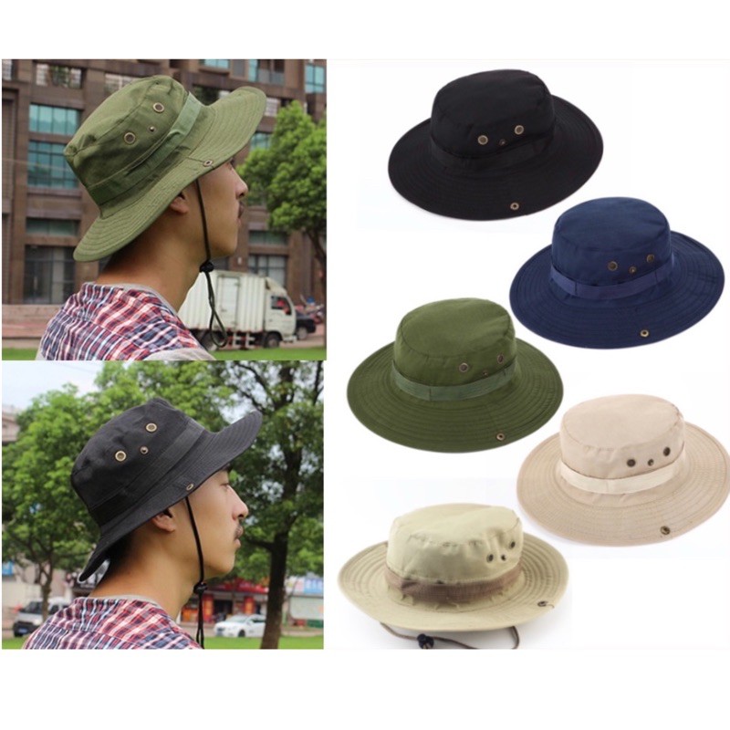 รูปภาพสินค้าแรกของ(X) หมวกบักเก็ต หมวกเดินป่า มีสายคล้องคอ หมวกกันแดด