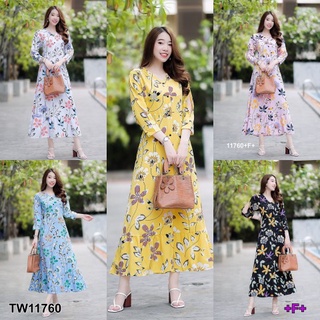 B11760 เดรสยาวคอวี กระดุมหน้า แขนยาวผ่าแขน ลายดอก V-neck long dress, button front, long sleeves with slit sleeves, flora