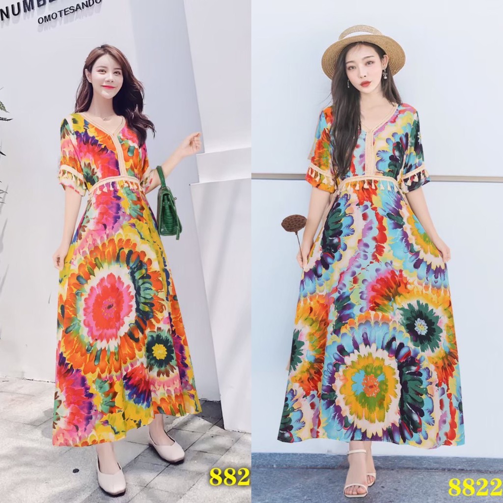 bahanmei-เดรส-ชุดเดรสยาว-ชุดเดรสแฟชั่น-เอวสม๊อค-ตกแต่งชายแขนเสื้อน่ารักๆ