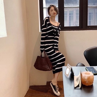 พร้อมส่ง10.07.22🥃STRIPE MAXI AND CARDIGAN น่ารักมากกก เดรสสายเดี่ยว+เสื้อคลุมคาร์ดิแกน งานดีงาม เกาหลีมากก