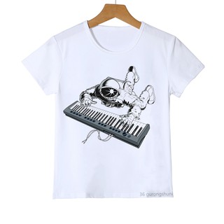 เสื้อยืด- ใหม่ เสื้อยืด พิมพ์ลายการ์ตูนเปียโน นักบินอวกาศ แฟชั่นฤดูร้อน สไตล์ฮาราจูกุ สําหรับเด็กผู้ชาย