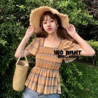 🍃เสื้อลายสก็อตแต่งสายไขว้หลัง