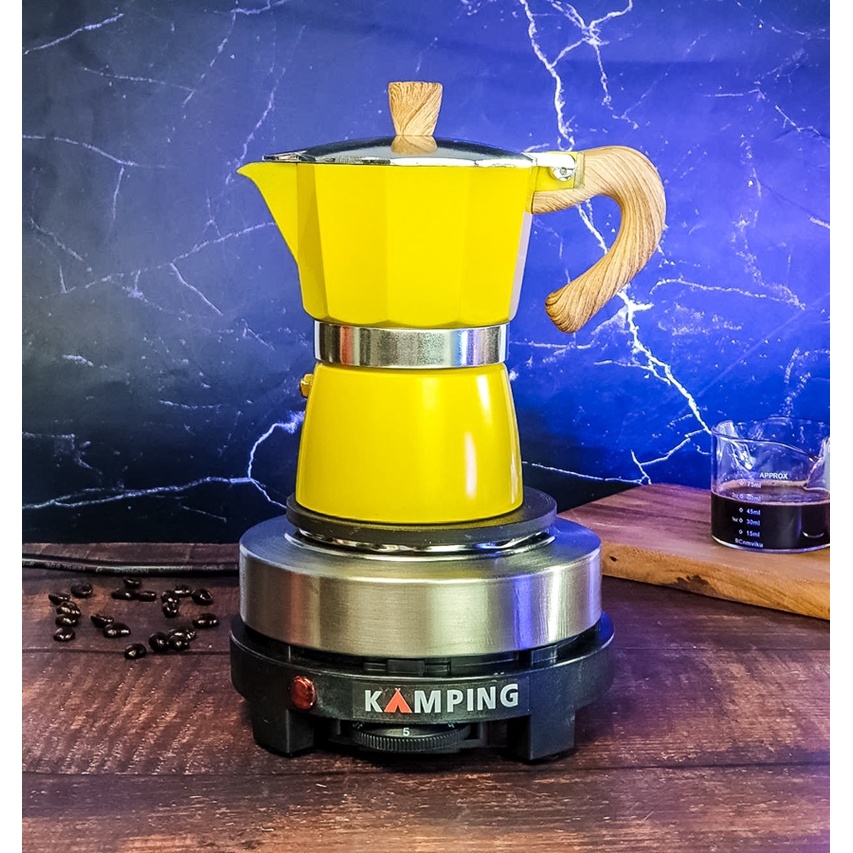 kamping-เตาไฟฟ้า-และ-หม้อต้มกาแฟ-สีเหลือง-150-ml-moka-pot-หม้ออลูมิเนียม-แปดเหลี่ยม-เครื่องชงกาแฟ-หม้อกาแฟ