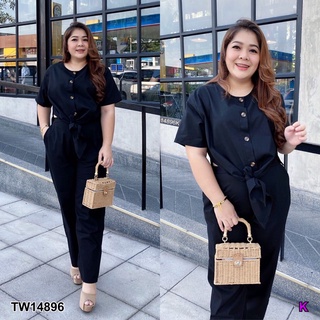 TW14896 Set 2 ชิ้น BigSize เสื้อคอกลม แขนสั้น กระดุมหน้า ชายผูกโบว์ + กางเกงขายาว มีกระเป๋าล้วงข้าง เนื้อผ้าคอตตอนลินิน