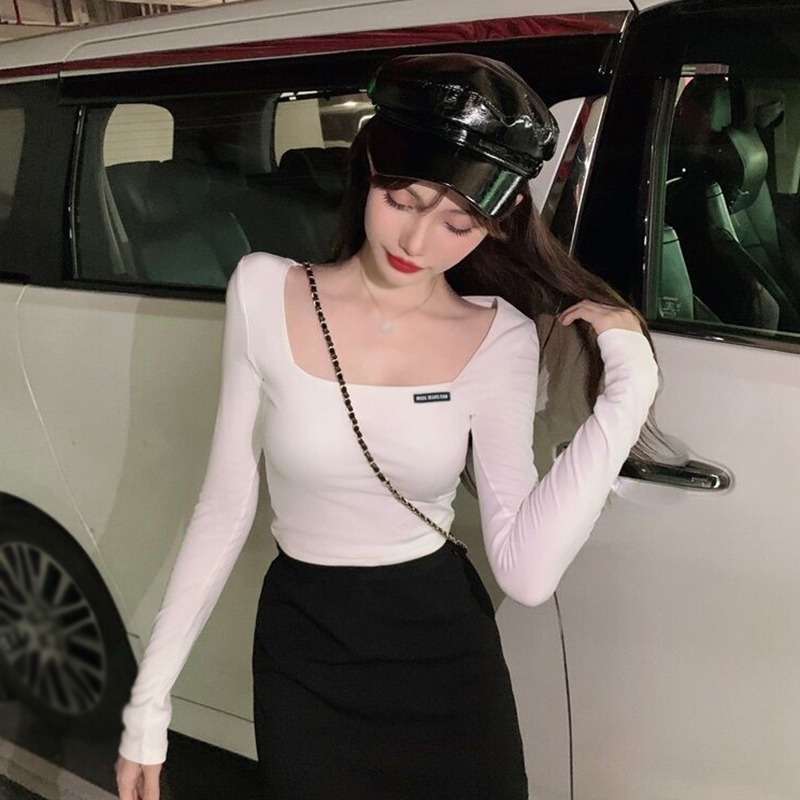เสื้อยืดแขนยาวเซ็กซี่-เข้ารูป-เข้ารูป-โชว์สะดือ-สีพื้น-สําหรับผู้หญิง