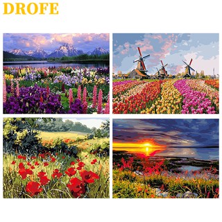 DROFE ภาพวาดระบายสีตามตัวเลข ผ้าใบ รูปทุ่งดอกไม้ พร้อมสี ขนาด 50X40 ซม.