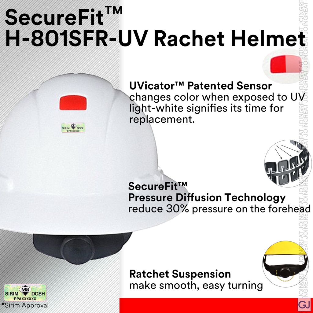 3M H-801SFR-UV Full Brim หมวกนิรภัยหมวกแข็ง Ratchet Suspension DOSH ...