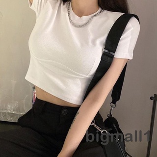 Bigmall- เสื้อครอปท็อปลําลอง คอกลม แขนสั้น สีพื้น สําหรับผู้หญิง