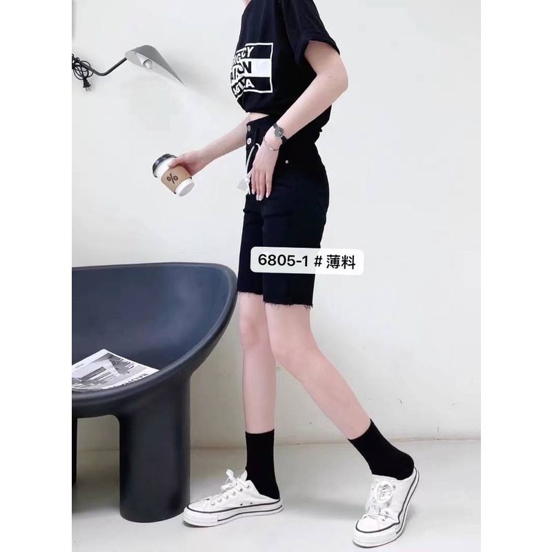 dx-6805-1-s-m-l-xl-2xl-กางเกงยีนส์ผู้หญิงขาสั้น3ส่วน-สุดฮิตสไตล์เกาหลี-เอวสูง-ปลายขาตัด-ผ้ายืด-สีดำ-แต่งกระดุม2เม็ด