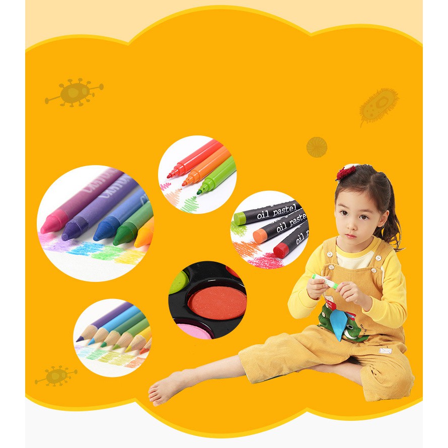 พาเลทชุดระบายสี-วาดภาพ-เซ็ทระบายสี-109-ชิ้น-สีน้ำ-สีเทียน-ดินสอ-ยางลบ-ไม้บรรทัด-สีช็อก-ของขวัญวันเกิดเด็ก