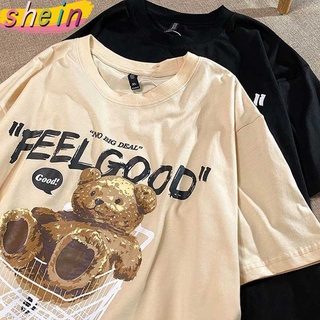 เสื้อยืด- Shein 🔥เสื้อยืดโอเวอร์ไซส์ เสื้อยืดแขนสั้นหมี oversize เสื้อคู่รักพิมพ์ลายการ์ตูนน่ารัก สไตล์เกาหลีนักเรียนหญ