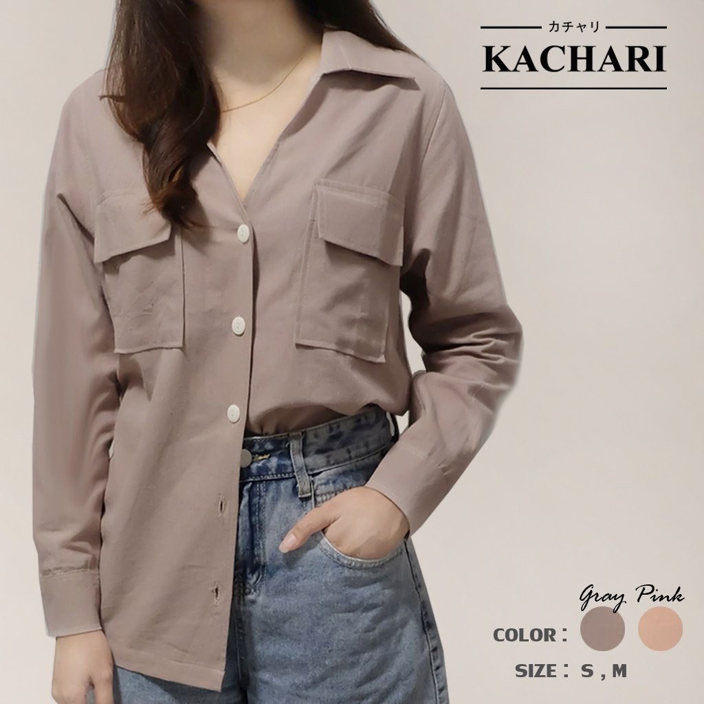 kachari-เสื้อเชิ้ตแขนยาวผู้หญิง-สีเทา-พร้อมส่งฟรี-ผ้าลินิน