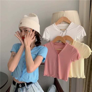 Best clothes (พร้อมส่ง/ใหม่) รุ่น 1099 เสื้อไหมพรมแขนสั้นแบบมีกระดุมผ้าดีมาก สไตล์เกาหลี