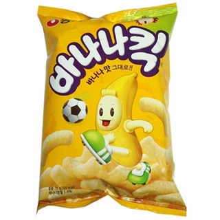 banana kick บานาน่าคิกส์ ขนมอบกรอบรสกล้วยหอม จองกุกกิน บังทันกิน nongshim banana flavor snack  농심 바나나 킥 55g 75g.