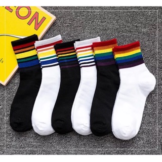 ถุงเท้าแฟชั่น 🌈ลายสายรุ้ง 🌈ฟรีไซส ถุงเท้าข้อกลาง ลายทางสีสันสด Rainbow socks NO.17