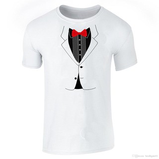 เสื้อยืดสีขาวเสื้อยืดลําลอง ผ้าฝ้าย พิมพ์ลาย Tuxedo สไตล์เรโทร สําหรับผู้ชายS-4XL