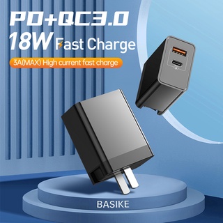 BASIKE หัวชาร์จเร็ว 18W หัวชาร์จ PD QC3.0 อะแดปเตอร์ Type C+USB-A for Samsung HUAWEI Fast Charger หัวชาจเร็ว