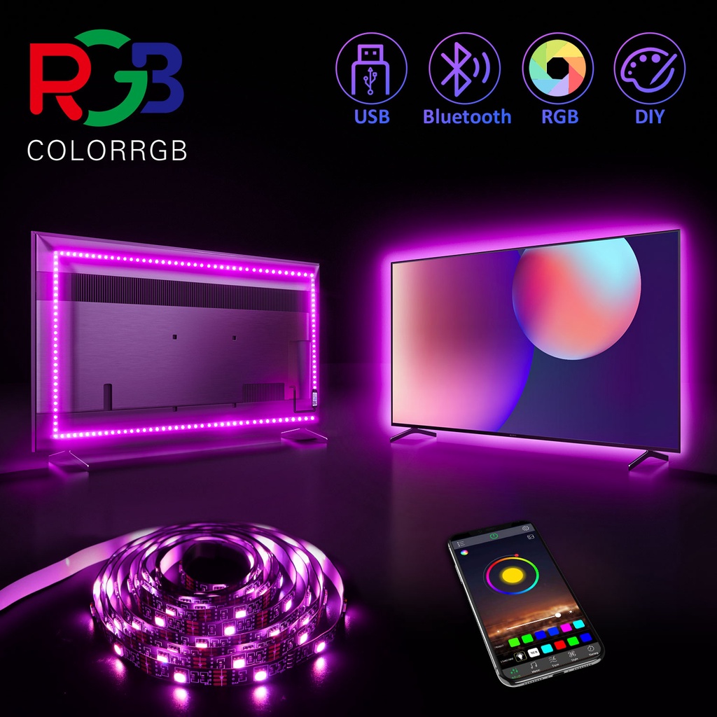 รูปภาพสินค้าแรกของColorRGB,LED strip light ไฟRGB กระพริบเปลี่ยนสีได้ ตามเสียงเพลง ไฟเส้นLEDครบชุด ตกแต่งห้องนอน ติดฝ่า หลังทีวี ตกแต่งบ้าน,แอปควบคุมบลูทู ธ