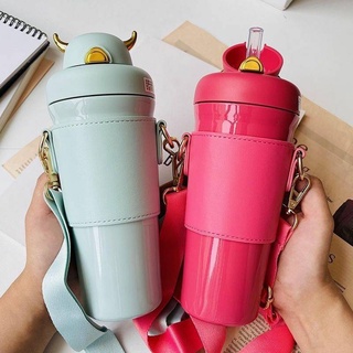 Demon straw thermos cup กระบอกน้ำสแตนเลสฝากระดกเก็บอุหภูมิ เก็บอุหภูมิพกพามีหลอดในตัว คละสี