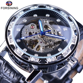 Forsining Classic Retro Design Diamond Display Luxury Blue Hands Open Work Fashion Watch Men Top Brand Mechanical Skelet