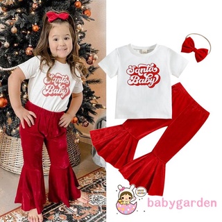 Babygarden- ชุดเสื้อแขนสั้น ผ้ากํามะหยี่ พิมพ์ลายตัวอักษร และกางเกงขาบาน ลําลอง สําหรับเด็กผู้หญิง อายุ 1-6 ปี