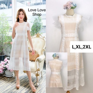 งานบุญ งานบวช!!! L-2XL Dress เดรสสีขาวผ้าชีฟองปักลูกไม้แขนระบาย งานป้าย Love Love