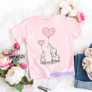 เสื้อยืดแขนสั้น พิมพ์ลายการ์ตูนผีเสื้อ ช้าง และลูกโป่งน่ารัก สีชมพู แฟชั่นฤดูร้อน สไตล์ฮาราจูกุ สําหรับเด็กผู้หญิง