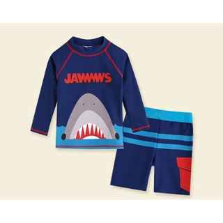 ชุดว่ายน้ำเด็ก เสื้อแขนยาว กางเกงขาสั้น ลาย ฉลาม JAWWWS สีกรม