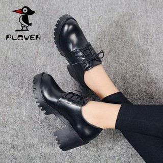รองเท้าสตรี PLOVER นกหัวขวานรองเท้าส้นหนาเดียวหญิง 2021 ฤดูใบไม้ผลิใหม่สไตล์อังกฤษรองเท้าหนังขนาดเล็กหญิงเกาหลีรุ่นทั้งห