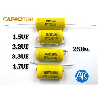 สินค้า 1ชิ้น Capacitor MITSUMI C เสียงแหลม คาปาซิเตอร์ ยี่ห้อ MITSUMI 1.5uf 2.2Uf 3.3uf 4.7uf /250v. คาปาลำโพงเสียงแหลม