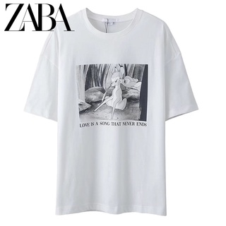 Zara ใหม่ เสื้อยืดแขนสั้น ทรงหลวม พิมพ์ลาย สีขาว แฟชั่นสําหรับผู้หญิง WU16R4MN2002