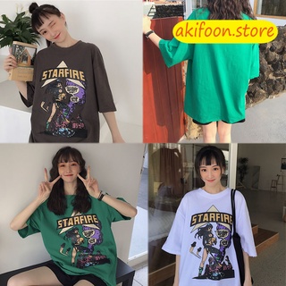 AKIFOON🌷พร้อมส่ง🌷0012&amp;เสื้อยืด เสื้อผ้าแฟชั่นสไตล์เกาหลี คอกลม เสื้อยืดพิมพ์ลาย เสื้อสาวอวบ เสื้อยืสวยๆ เสื้อโอเวอร์size