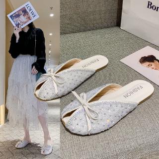 🔥Hot Sale Baotou half slippers women wear 2020 summer new rhinestone flat mules shoes bow cute sandals wild