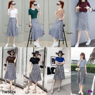 &lt;TW5624&gt;Set 2 ชิ้น เสื้อยืดผ้าคอตตอนสีพื้น + กระโปรงผ้าทอลายสก็อต แต่งระบาย รอบเอวยืดสม้อคด้านหลัง